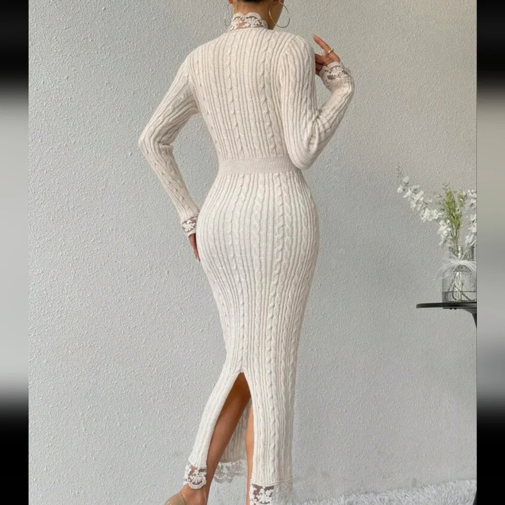 Women Elegant Solid Color Lace Patchwork Fitted Long Sweater Dress, - Picture 2 of 4